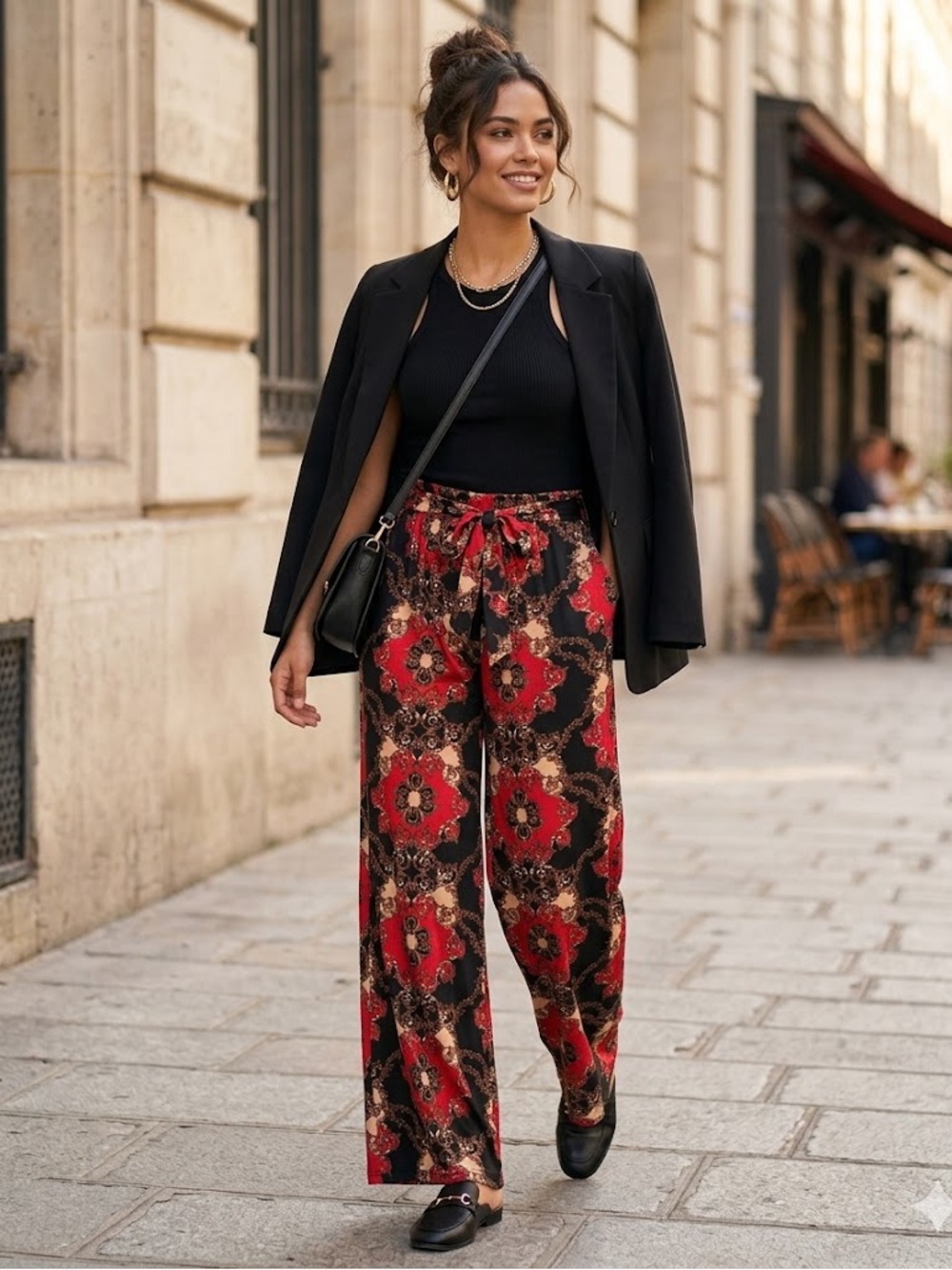 Wide Leg Printed Pants in Black & Red